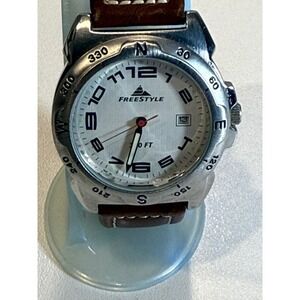 Freestyle Mens Watch Brown Leather Band Silver Compass Bezel Date‎ Indicator